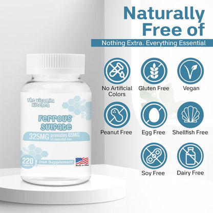 The Vitamin Kitchen Ferrous Sulfate 325 mg (65 mg Elemental Iron) High Potency Iron Supplement - High Potency Iron Pills for Red Blood Cells - No Artificial Color Additives - 220 Tablets Made in USA