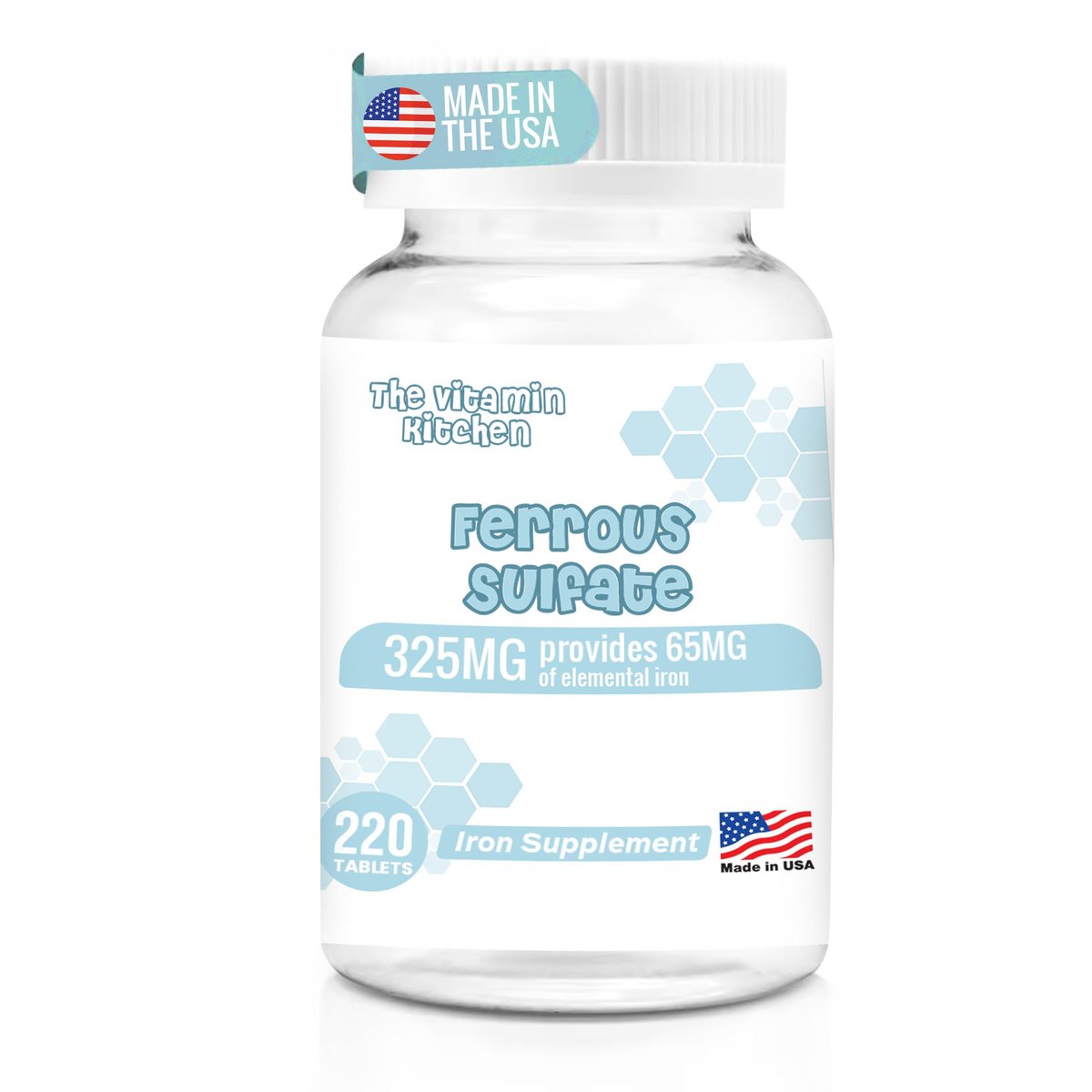 The Vitamin Kitchen Ferrous Sulfate 325 mg (65 mg Elemental Iron) High Potency Iron Supplement - High Potency Iron Pills for Red Blood Cells - No Artificial Color Additives - 220 Tablets Made in USA - görsel 1