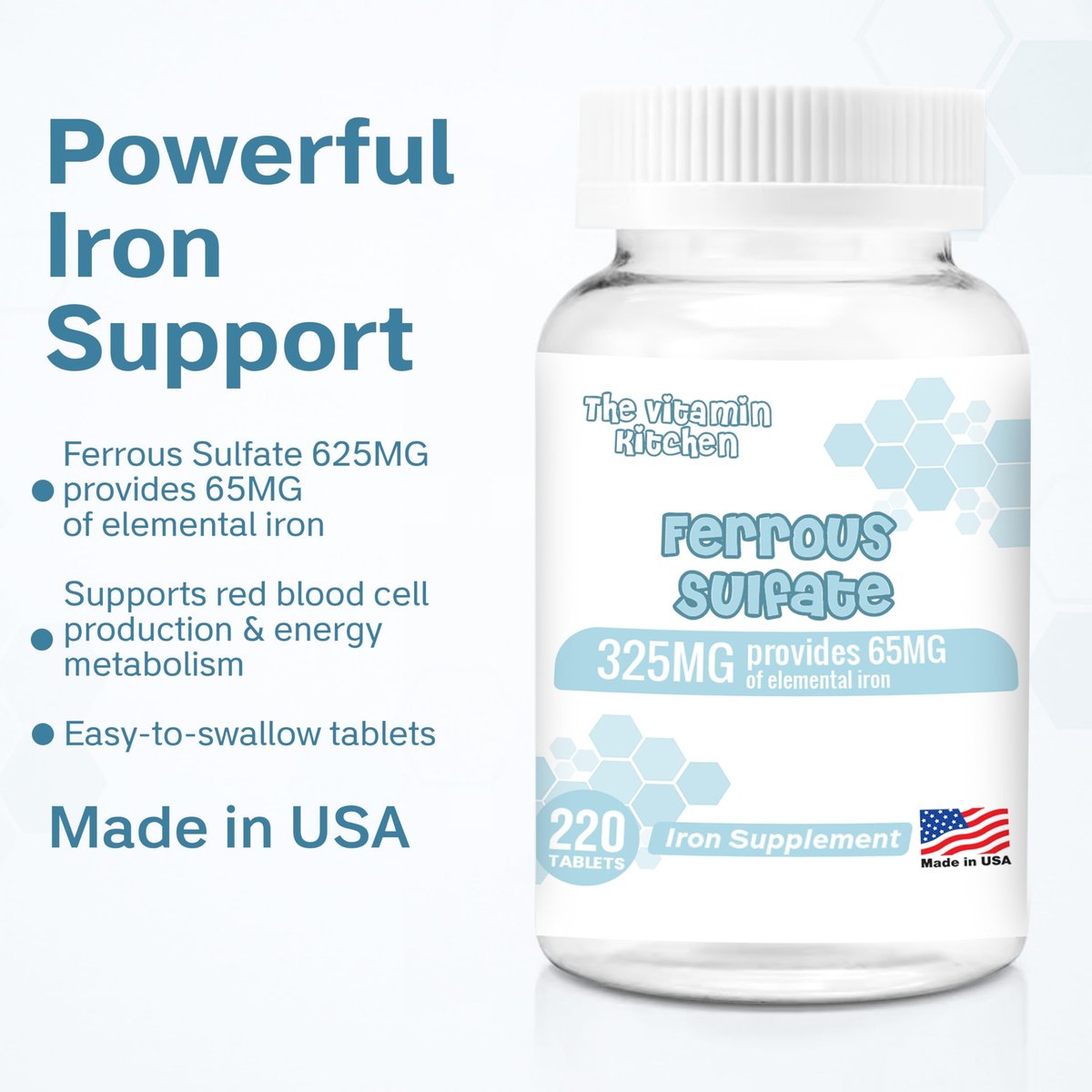 The Vitamin Kitchen Ferrous Sulfate 325 mg (65 mg Elemental Iron) High Potency Iron Supplement - High Potency Iron Pills for Red Blood Cells - No Artificial Color Additives - 220 Tablets Made in USA - görsel 7