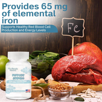 The Vitamin Kitchen Ferrous Sulfate 325 mg (65 mg Elemental Iron) High Potency Iron Supplement - High Potency Iron Pills for Red Blood Cells - No Artificial Color Additives - 220 Tablets Made in USA