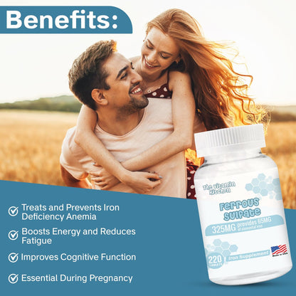 The Vitamin Kitchen Ferrous Sulfate 325 mg (65 mg Elemental Iron) High Potency Iron Supplement - High Potency Iron Pills for Red Blood Cells - No Artificial Color Additives - 220 Tablets Made in USA