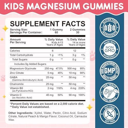 Magnesium Glycinate Gummies for Kids: Calm Magnesium Supplement for Kids & Adults with Zinc Citrate, GABA, Chamomile, Vitamin B6 & C - Sleep, Relaxation & Focus, Juicy Peach & Mango Flavor 60 Count - görsel 1