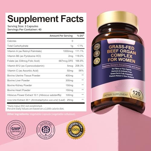 Beef Organ Supplement for Women - Beef Liver, Kidney, Heart, Uterus Tissue - Balance Hormones & Women's Overall Energy - Grass Fed, Pasture Raised - Natural Iron Supplement with Folate - 120 Capsules - görsel 2