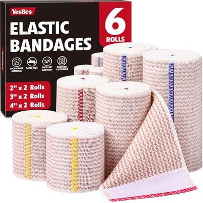 YesBes 6 Pack Premium Elastic Bandage Wrap (2x2, 2x3, 2x4) - Compression Bandage Wrap for Legs, Ankle, Knee, Tummy