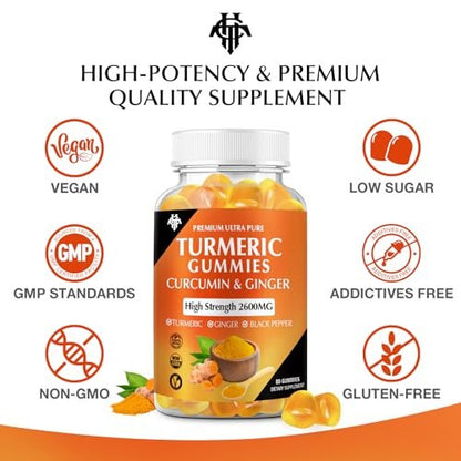 Turmeric Curcumin Gummies (2 Pack) - Turmeric Curcumin Supplements with Ginger & Black Pepper Gummies for Immune Muscle Support Healthy Skin - Vegan, Gluten Free, Low Sugar - for Adults