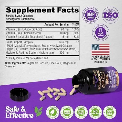 Hyaluronic Acid Supplements 1000 mg - Collagen | MSM | Boswellia | Vitamin D3, C & E - Hyaluronic Acid Capsules - Skin Hydratation & Joint Comfort Support - 7-in-1 Complex - Lab Tested - 120 Capsules - görsel 4