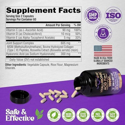 Hyaluronic Acid Supplements 1000 mg - Collagen | MSM | Boswellia | Vitamin D3, C & E - Hyaluronic Acid Capsules - Skin Hydratation & Joint Comfort Support - 7-in-1 Complex - Lab Tested - 120 Capsules