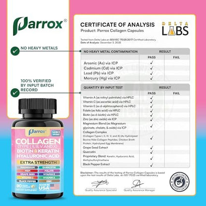 Parrox Collagen Peptides Types I, II, III, V & X, MCG Biotin, Keratin, Hyaluronic Acid, MSM, Zinc, Grape Seed Extract, Quercetin, Vitamin A, Vitamin C, Vitamin E, Magnesium, Folic Acid (90 Capsules)