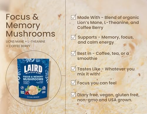 Laird Superfood Organic Focus and Memory – Lion's Mane Mushroom: Renowned for its neuroprotective properties, – Image 1