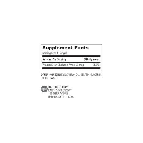 Earth's Splendor Vitamin D, 250 Softgels, 50mcg of Vitamin D, 4 Month Supply - görsel 4
