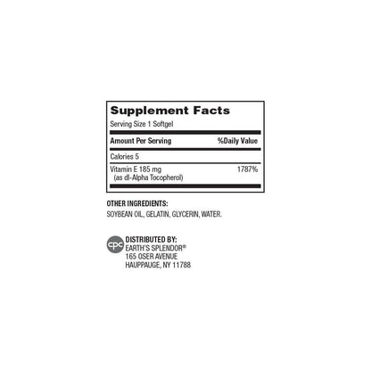 Earth's Splendor Vitamin E, 120 Softgels, 185mg Vitamin E, 4 Month Supply