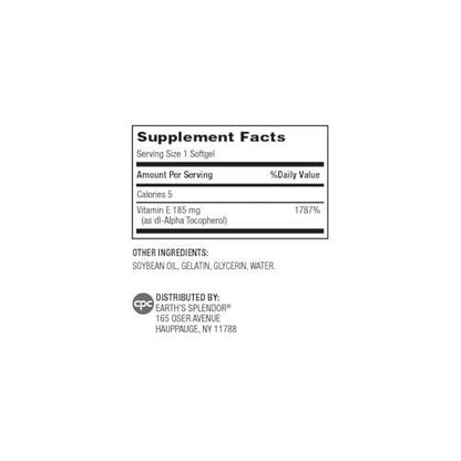 Earth's Splendor Vitamin E, 120 Softgels, 185mg Vitamin E, 4 Month Supply