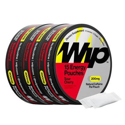 Wip Energy Pouches, Sugar Free Blend with 200 MG Natural Caffeine, B Vitamins, Minerals & L Theanine for Energy Support, Pre Workout for Active Lifestyles, Sour Cherry, 3 Cans, 15 Pouches per can