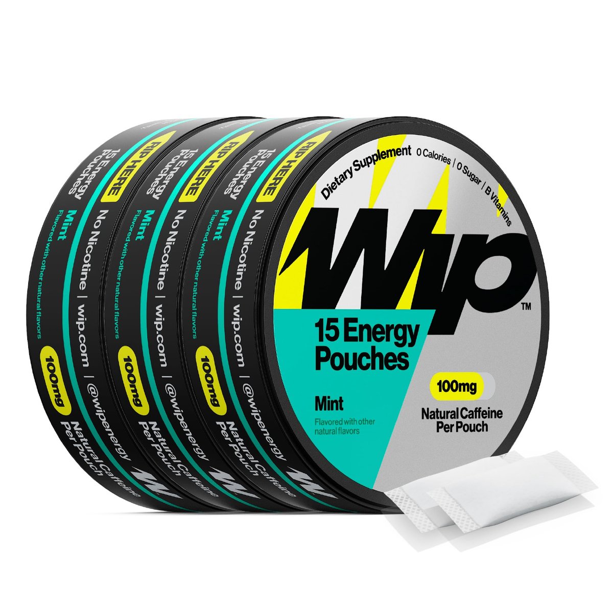 Wip Energy Pouches | 100mg Natural Caffeine | Vitamins and Minerals | Mint | 15 Pouches Per Can | 3 Cans - görsel 1