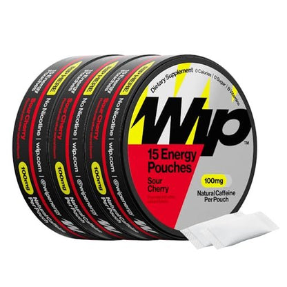Wip Energy Pouches, Travel Packs, Sugar Free, 100mg Natural Caffeine, B Vitamins, Minerals, L-Theanine, Energy Support, Sour Cherry, 3 cans 15 Pouches Each