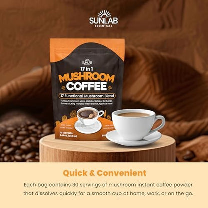 Organic Mushroom Coffee 17 Functional Mushroom Blend (Lion's Mane, Reishi, Chaga, Cordyceps, Turkey Tail & More) Gourmet Arabica Instant Coffee for Immunity, Focus & Energy - USA Made - 30 Servings