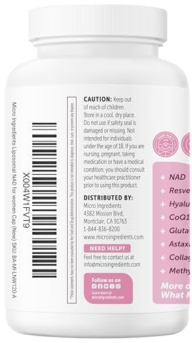 Micro Ingredients Liposomal NAD+ for Women Complex, 180 Veggie Capsules | NMN Pathway Supplement | 12-in-1 Advanced NAD Formula with Resveratrol, Hyaluronic Acid, Glutathione, & Collagen