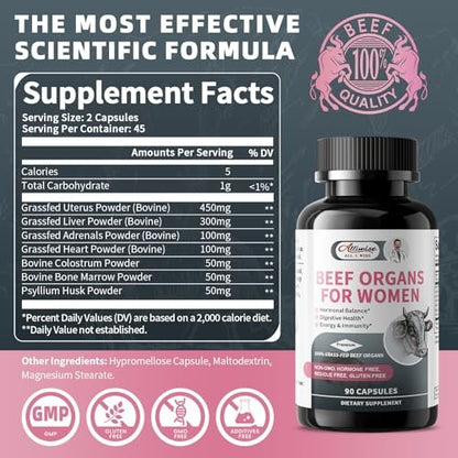 Alliwise Beef Organ Supplement for Women - Supports Female Hormonal Balance, Energy & Overall Wellness, 100% Grass Fed Beef Organs Complex: Liver, Uterus, Heart & 3 More (2 Capsules Daily)