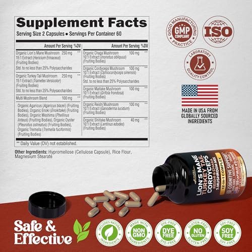 Mushroom Supplement - Organic Lions Mane | Turkey Tail | Chaga | Cordyceps | Reishi | Maitake | Shiitake | Meshima | Tremella | Oyster | Agaricus - for Women & Men - Non GMO, Gluten Free, 120 Capsules - görsel 1