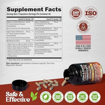 Mushroom Supplement - Organic Lions Mane | Turkey Tail | Chaga | Cordyceps | Reishi | Maitake | Shiitake | Meshima | Tremella | Oyster | Agaricus - for Women & Men - Non GMO, Gluten Free, 120 Capsules