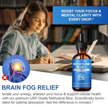 Methylene Blue Pharmaceutical Grade, Methylene Blue Drops for Humans Brain Health and Energy Support, No Formaldehyde, No Alcohol, No Gluten - 2 Fl OZ