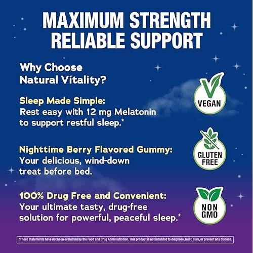 Natural Vitality Calm Sleep Melatonin 12mg Gummies | Max Strength Berry Flavored Formula | 100% Drug Free | Non-GMO, Vegan and Gluten Free Supplement | 100 Count - görsel 7