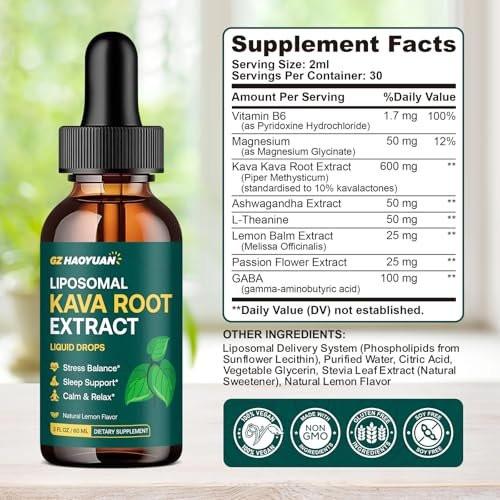 Liposomal Kava Kava Drops for Calming & Relaxation – Kava Root Extract Supplement with GABA, Ashwagandha & Magnesium - Support Mood & Better Sleep, Fast-Absorbing Vegan Kava Liquid Drops Lemon 2 Fl Oz - görsel 3
