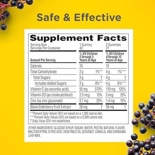 Zarbee's No Sugar Coating Elderberry Gummies for Kids, Daily Immune Support* Gummies with Vitamins C, D3 & Zinc to Support a Healthy Immune System*, No Artificial Flavors, Ages 2+, 42 ct - görsel 14