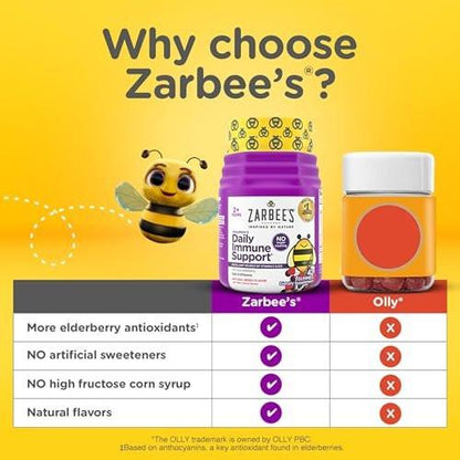 Zarbee's No Sugar Coating Elderberry Gummies for Kids, Daily Immune Support* Gummies with Vitamins C, D3 & Zinc to Support a Healthy Immune System*, No Artificial Flavors, Ages 2+, 42 ct