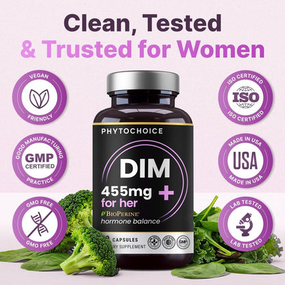 DIM for Women 350mg High Potency with BioPerine® & Broccoli Extract – 455mg Total Complex for Hormone Balance, Estrogen Metabolism, PMS & Menopause Support, Clear Skin & Women’s Wellness, 60 Capsules