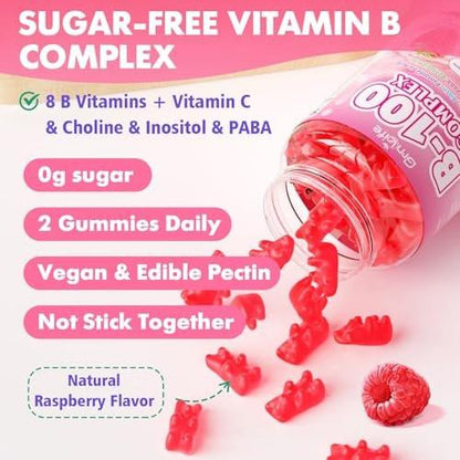 GrnLife Vitamin B Complex Gummies, All B Vitamins + Methyl B12, B1, B2, B3, B5, B6, Biotin, Methylfolate, Vitamin C, Choline, Inositol, PABA for Energy & Immune Support, Raspberry Flavor, 60 Count