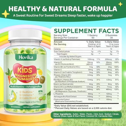 Magnesium Gummies for Kids - Magnesium Glycinate Gummies with L-Theanine, Chamomile & Multivitamins for Sleep, Calm & Focus - Green Apple & Kiwi Center-Filled Gummies 60 ct