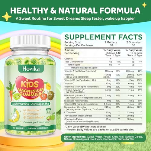 Magnesium Gummies for Kids - Magnesium Glycinate Gummies with L-Theanine, Chamomile & Multivitamins for Sleep, Calm & Focus - Green Apple & Kiwi Center-Filled Gummies 60 ct - görsel 4