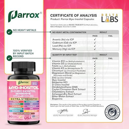 Parrox Myo Inositol Supplement, D-Chiro Inositol, Folate, DIM, Vitamin D3, B12, K2, Chromium, Bioperine, Ceylon Cinnamon, Zinc, Ashwagandha, Chasteberry, Magnesium, Berberine (90 Vegan Capsules)
