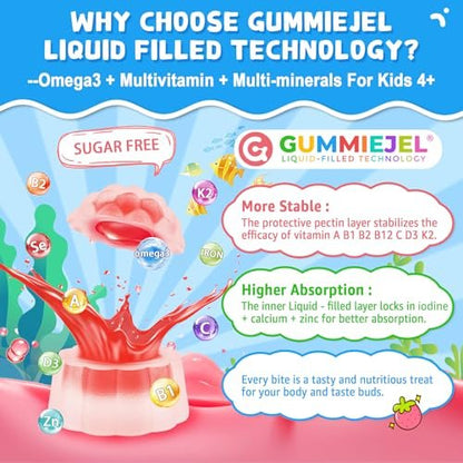 Nextdia Omega 3 (EPA/DHA) Filled Gummies for Kids Teen with Multivitamin, Calcium + D3 + K2 + Zinc, Plus Vitamin A B1 B2 B12 C, Selenium, Iodine for Brain, Eye, Bone, Energy, Sugar Free