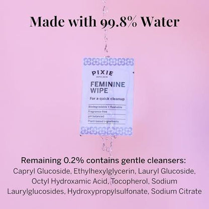 Pixie Feminine Wipes - Flushable, Biodegradable, & Ph Balanced - Individually Wrapped Packet Wipes for On The Go & Public Bathrooms - Wash & Cleaner For Your Menstrual Cups & Discs (2 Packs of 20)