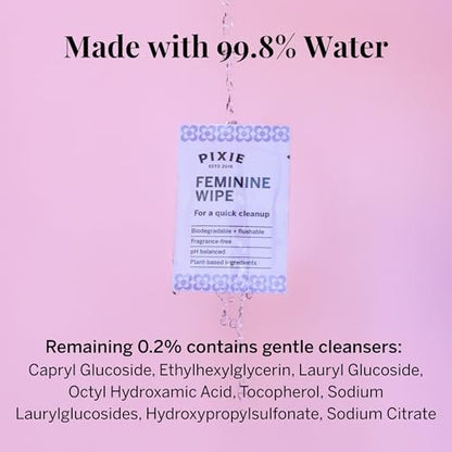 Pixie Feminine Wipes - On The Go Public Bathroom Wipes for Feminine Care - Safe On Period Cups & Menstrual Discs - Biodegradable, Flushable, pH Balanced & Unscented Menstrual Cup Wipes (20 Count)
