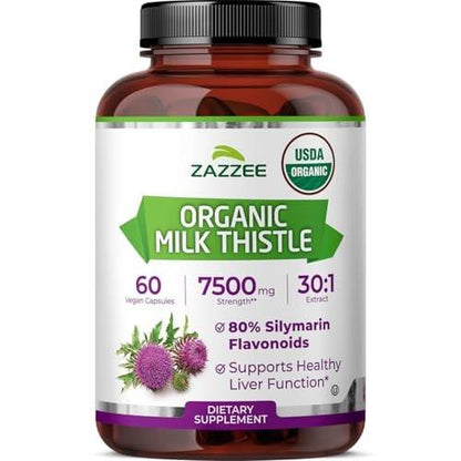 Zazzee USDA Organic Milk Thistle 30:1 Extract, 80% Silymarin, 60 Vegan Capsules, 2 Month Supply, Certified Kosher, High Potency Liver & Antioxidant Support, Silybum Marianum, Non-GMO, Made in the USA