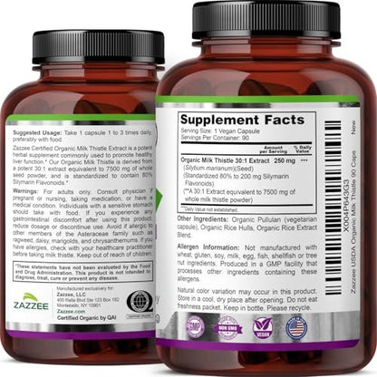Zazzee USDA Organic Milk Thistle 30:1 Extract, 80% Silymarin, 90 Vegan Capsules, 3 Month Supply, Certified Kosher, High Potency Liver & Antioxidant Support, Silybum Marianum, Non-GMO, Made in the USA