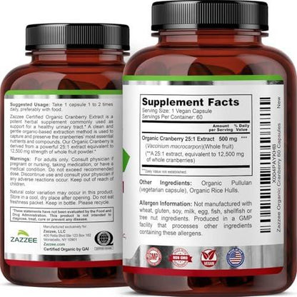 Zazzee USDA Organic Cranberry 25:1 Extract, 500 mg per Capsule, 60 Vegan Capsules, 2 Month Supply, Certified Kosher, Vaccinium Macrocarpon, Urinary Tract & Bladder Support, Non-GMO, Made in the USA