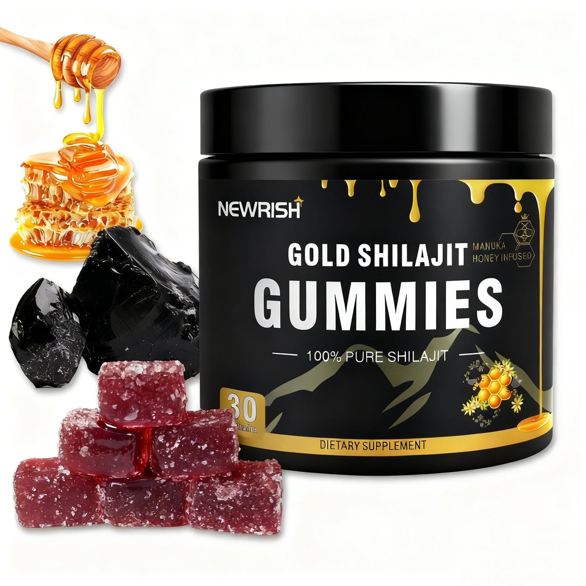 Newrish Shilajit Gummies with Manuka Honey | Himalayan Shilajit | No Added Sugar | Ashwagandha, Gokshura | Fulvic Acid & 85+ Trace Minerals | for Men, Women | Non-GMO | 100% Natural & Organic | 30 Gummy - görsel 15