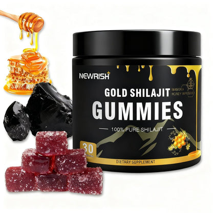 Newrish Shilajit Gummies with Manuka Honey | Himalayan Shilajit | No Added Sugar | Ashwagandha, Gokshura | Fulvic Acid & 85+ Trace Minerals | for Men, Women | Non-GMO | 100% Natural & Organic | 30 Gummy