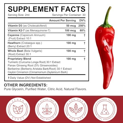 Cayenne Pepper Drops, Liquid Cayenne Pepper Organic, Cayenne Health Supplements, Cayenne Pepper Hawthorn Beet Root Turmeric Curcumin, Vitamin K2 & D3, Vegan-Friendly- 2 Fl Oz - görsel 6