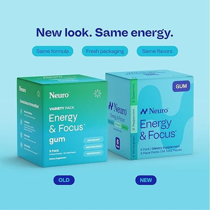Neuro Variety Pack Gum - Energy & Focus Gum (Peppermint, Spearmint, Wintergreen) - Nootropic Supplement with Natural Caffeine + L-Theanine for Brain Health - Sugar Free, Vegan - 54 ct, 6 Pack