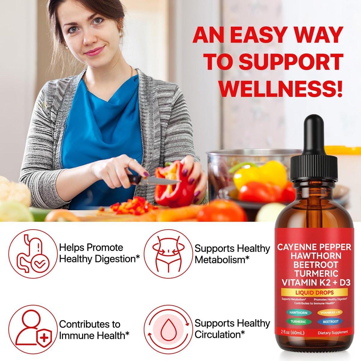 2 Pack Cayenne Pepper Drops, Liquid Cayenne Pepper Organic, Cayenne Health Supplements, Cayenne Pepper Hawthorn Beet Root Turmeric Curcumin, Vitamin K2 & D3, Vegan-Friendly - görsel 5