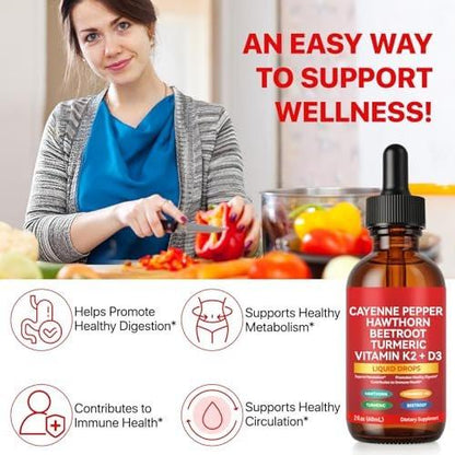 2 Pack Cayenne Pepper Drops, Liquid Cayenne Pepper Organic, Cayenne Health Supplements, Cayenne Pepper Hawthorn Beet Root Turmeric Curcumin, Vitamin K2 & D3, Vegan-Friendly