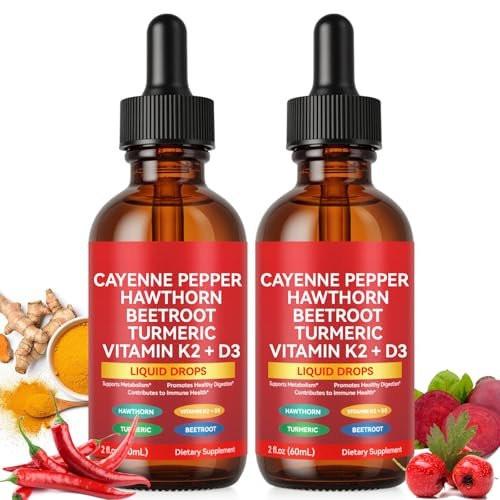 2 Pack Cayenne Pepper Drops, Liquid Cayenne Pepper Organic, Cayenne Health Supplements, Cayenne Pepper Hawthorn Beet Root Turmeric Curcumin, Vitamin K2 & D3, Vegan-Friendly - görsel 2