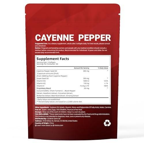 Cayenne Pepper Softgels Supplement, Supports Leg Vein, Heart and Blood Vessel Health, with Vitamin E D3+K2 and Extracts of Grape Seed, Hawthorn, Beetroot, Berberine and Others (Softgels / 1 Bag) - görsel 17
