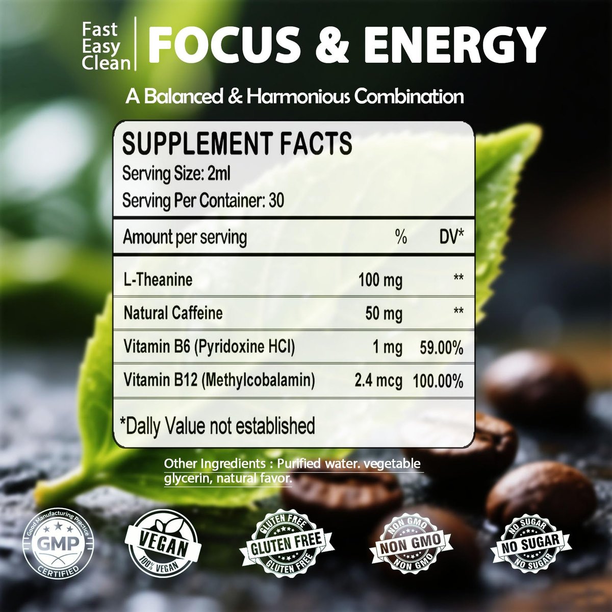 L-Theanine Supplement with Caffeine, Organic Liquid Caffeine 50mg w. L-Theanine 100mg, Vitamin B12 B6 for Focused Energy, Alertness & Recess Mood, Nootropic Brain Drops for Women & Men丨30 Days Supply - görsel 13