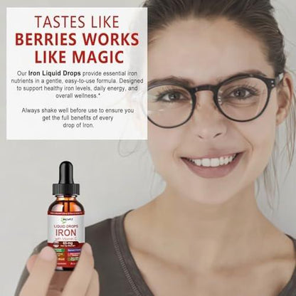 Iron Supplement Liquid Drops, High Absorption Iron Supplement for Women 65 mg, Liquid Iron for Red Blood Cell Support*, Vegan Essential Mineral Iron Drops with Vitamin C, Non-GMO, 30 Servings